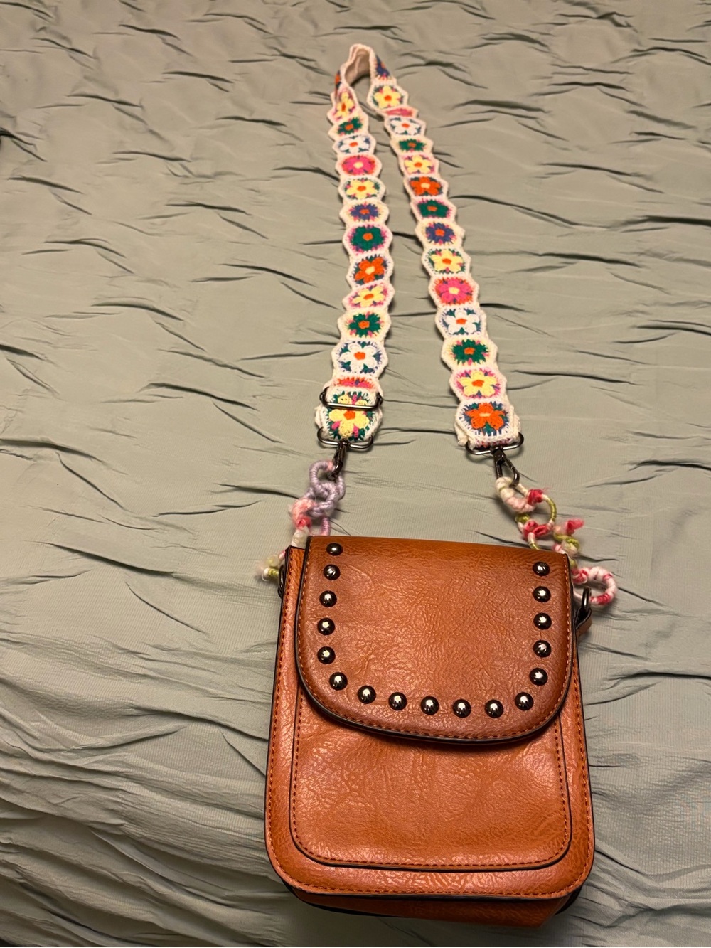 Brown Studded Crossbody Bag with Colorful Crochet Strap